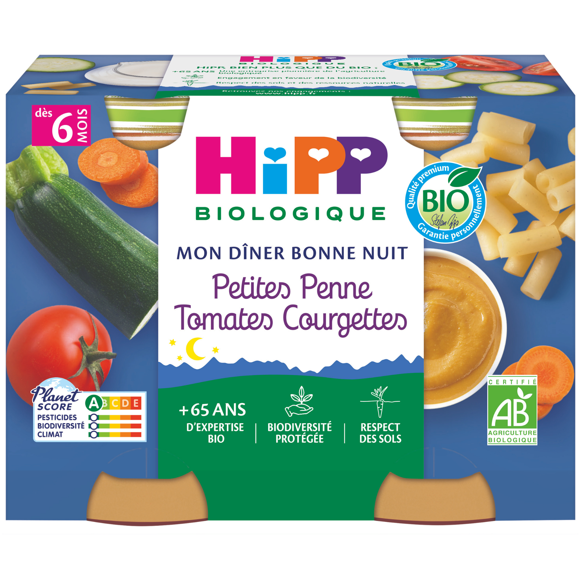 Emballage d'un produit alimentaire portant la marque "Hipp Biologique", une étiquette indiquant qu'il s'agit d'un produit biologique et une description du produit en français.