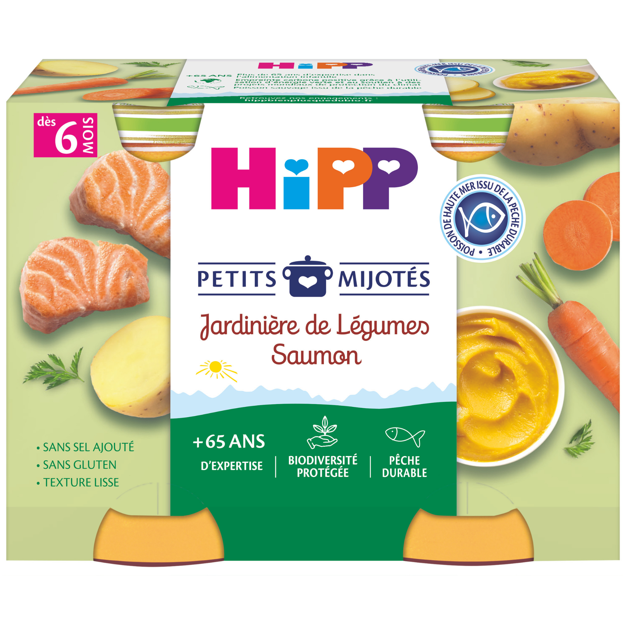 Emballage d'un produit alimentaire, en particulier d'un type d'aliment pour bébé, mettant l'accent sur le saumon et les légumes.