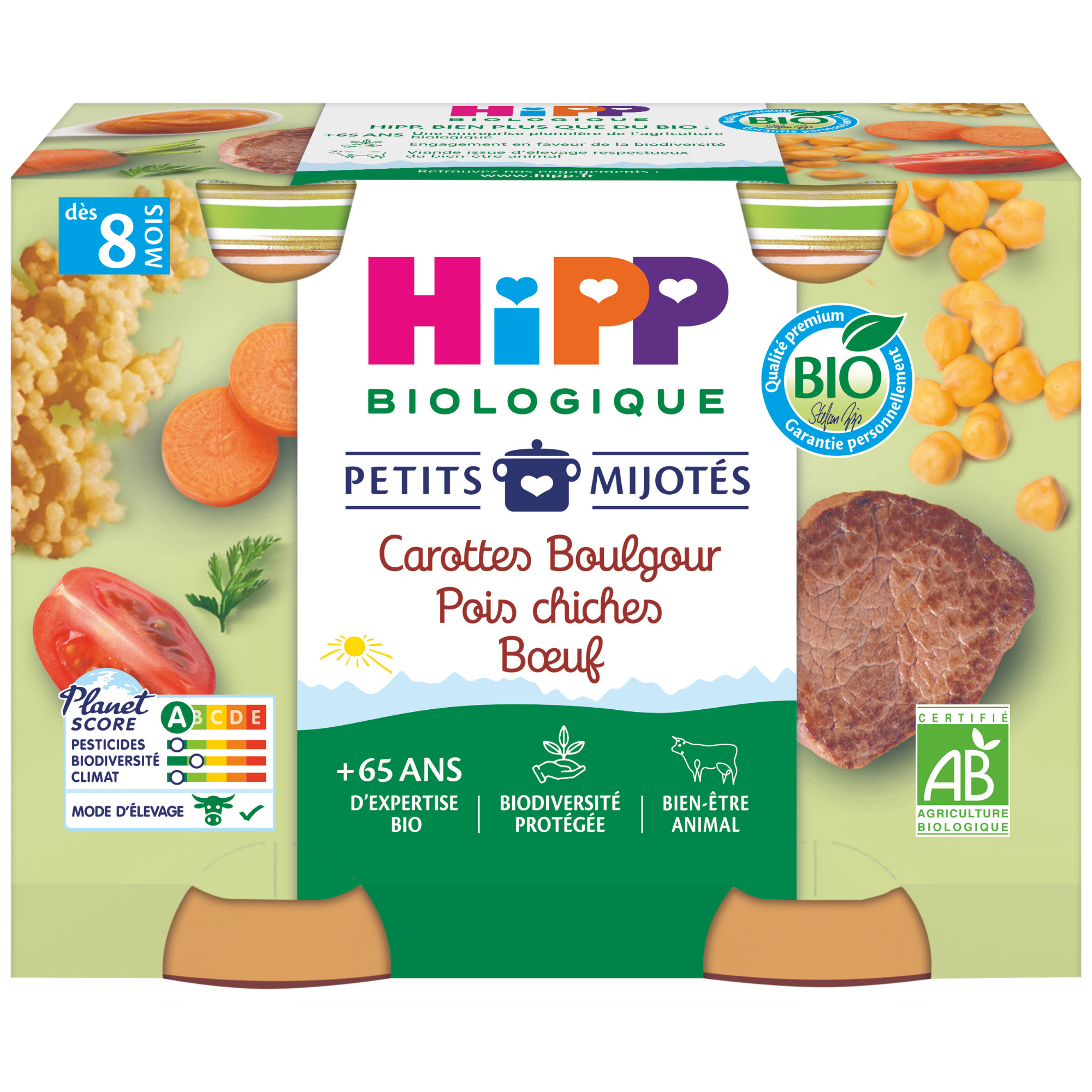 Un produit alimentaire emballé qui met l'accent sur les ingrédients biologiques et naturels, comprenant une galette de viande, des céréales, des légumes et un label de certification.