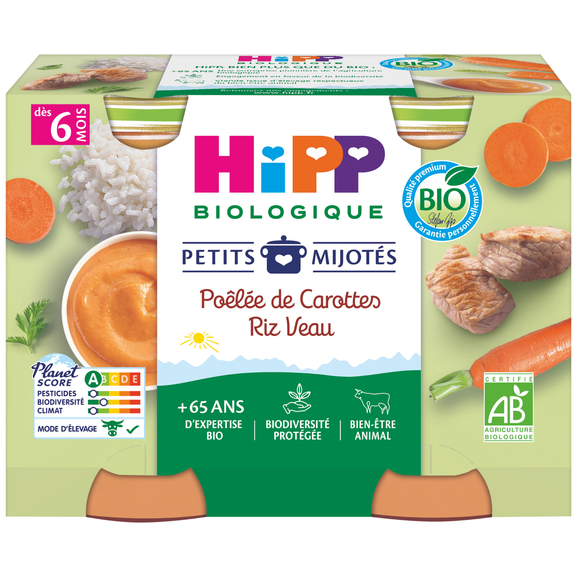 Un produit alimentaire emballé dont l'étiquette porte la mention "Hipp Biologique", ce qui indique qu'il s'agit d'un produit biologique de la marque Hipp. Le produit est un mélange de purée de carottes et de viande de bœuf, adapté aux bébés âgés de 6 mois et plus, comme l'indique l'étiquette "des 6 mois". L'emballage comporte également un Planet Score, une marque de certification et d'autres informations pertinentes.