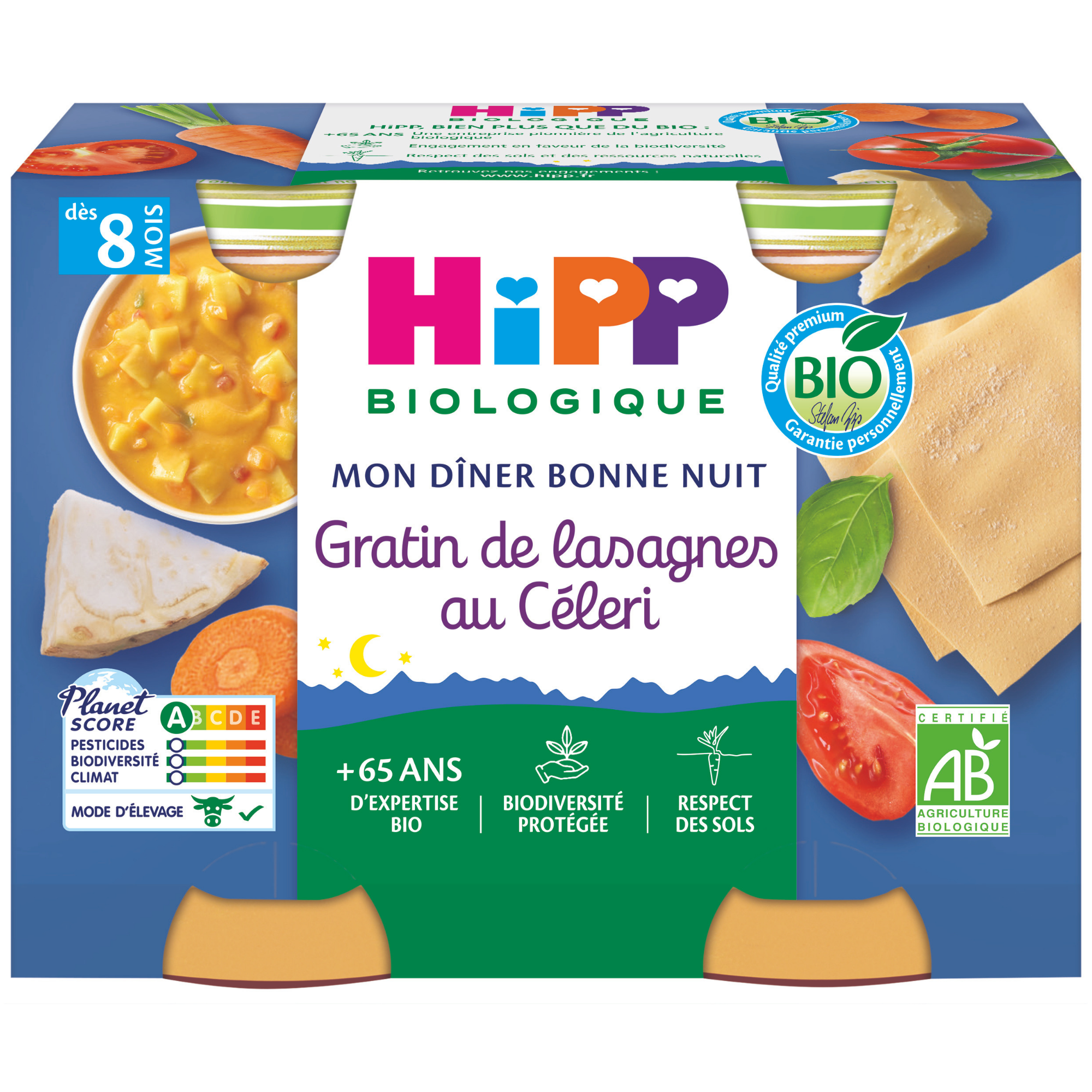 Un produit alimentaire emballé dont l'étiquette porte la mention "Hipp Biologique", ce qui indique qu'il s'agit d'un produit bio. Le produit est un mélange de lasagnes et de carottes, adapté aux bébés âgés de 8 mois et plus.