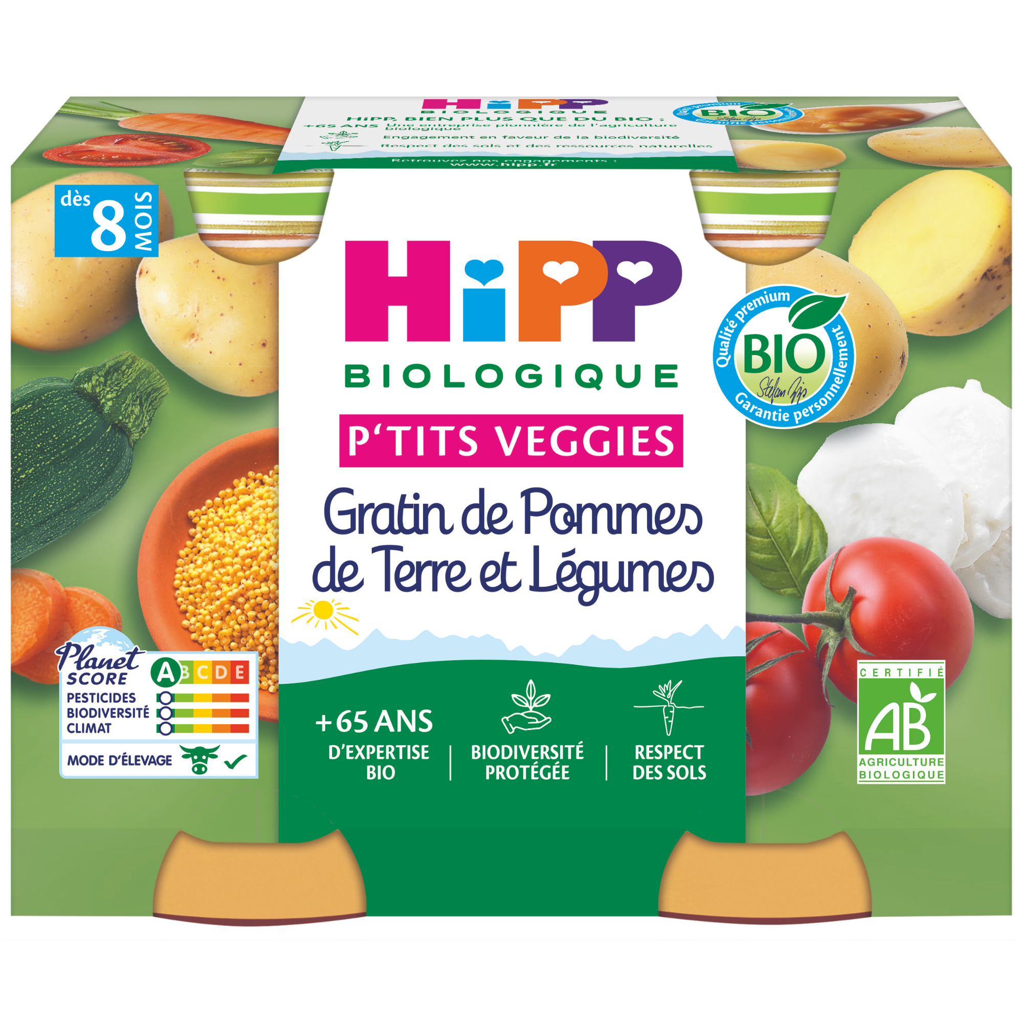 Emballage d'un produit alimentaire portant la marque "HiPP Biologique", indiquant qu'il s'agit d'un produit biologique. Le produit est destiné aux enfants âgés de 8 mois et plus, et contient des légumes, des céréales et des légumineuses.