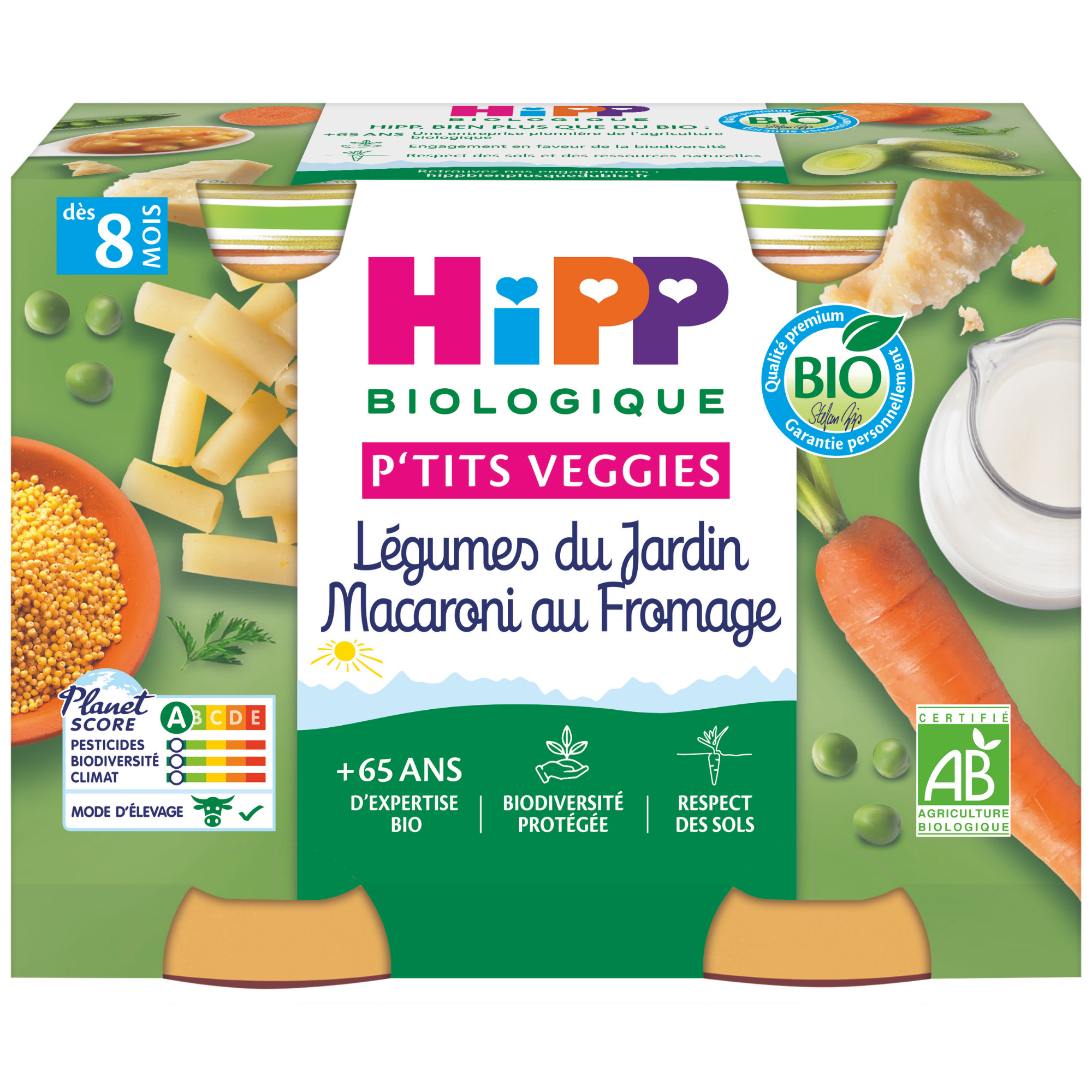Emballage d'un produit alimentaire portant la marque "HiPP Biologique", indiquant qu'il s'agit d'un produit biologique. Le produit est destiné aux enfants âgés de 8 mois et plus, et il contient des légumes tels que des légumineuses du jardin, des macaronis et du fromage.