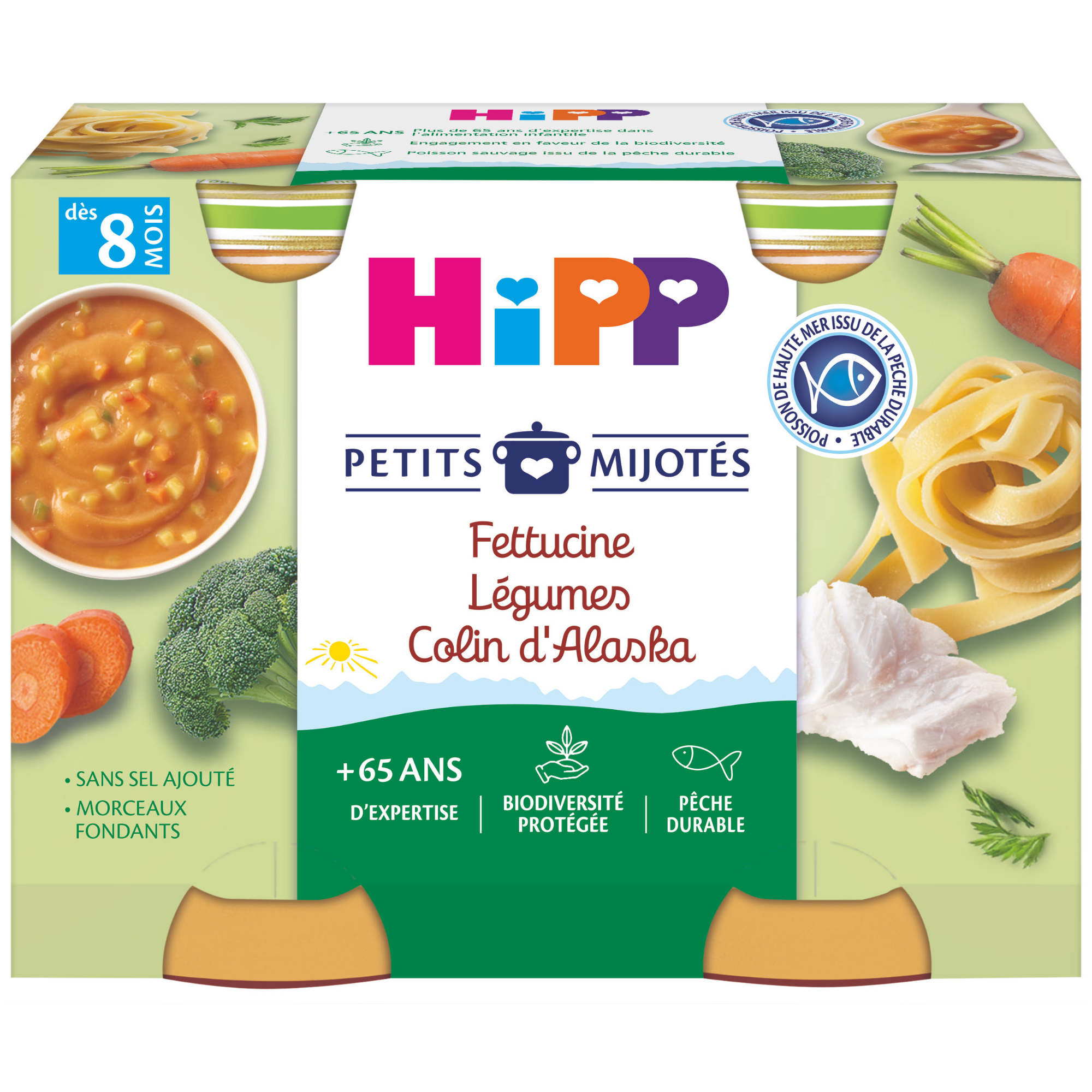 Un produit alimentaire emballé avec une étiquette portant la mention "HiPP", un bol de nourriture et divers ingrédients tels que des légumes et du poisson.
