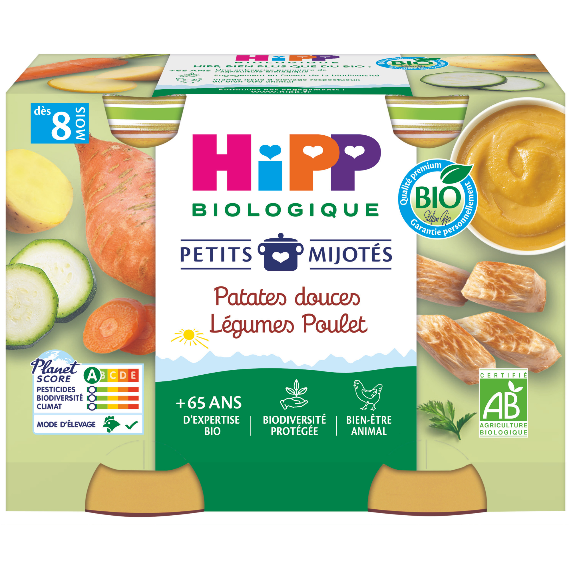 Emballage d'un produit alimentaire portant la marque "HiPP Biologique", un type de produit "Petits Mijotes" et un arôme "Patates douces Legumes Poulet".