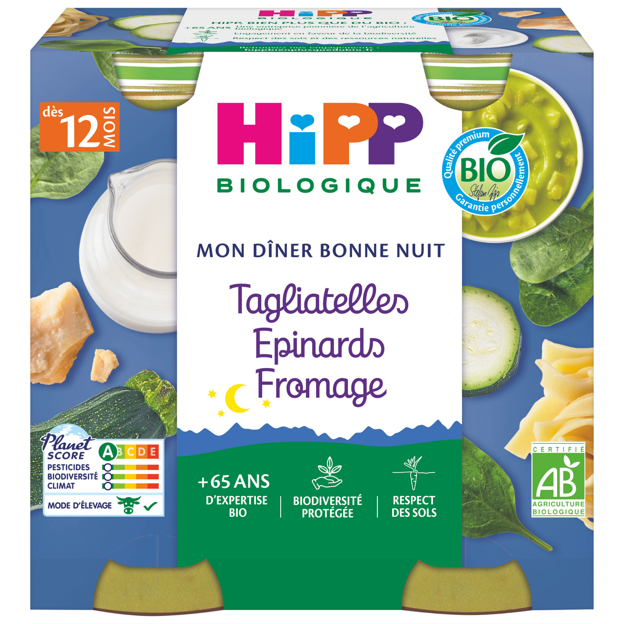 L'emballage d'un produit alimentaire, à savoir un repas bio pour les bébés âgés de 12 mois et plus, contenant des tagliatelles, des épinards et du fromage.