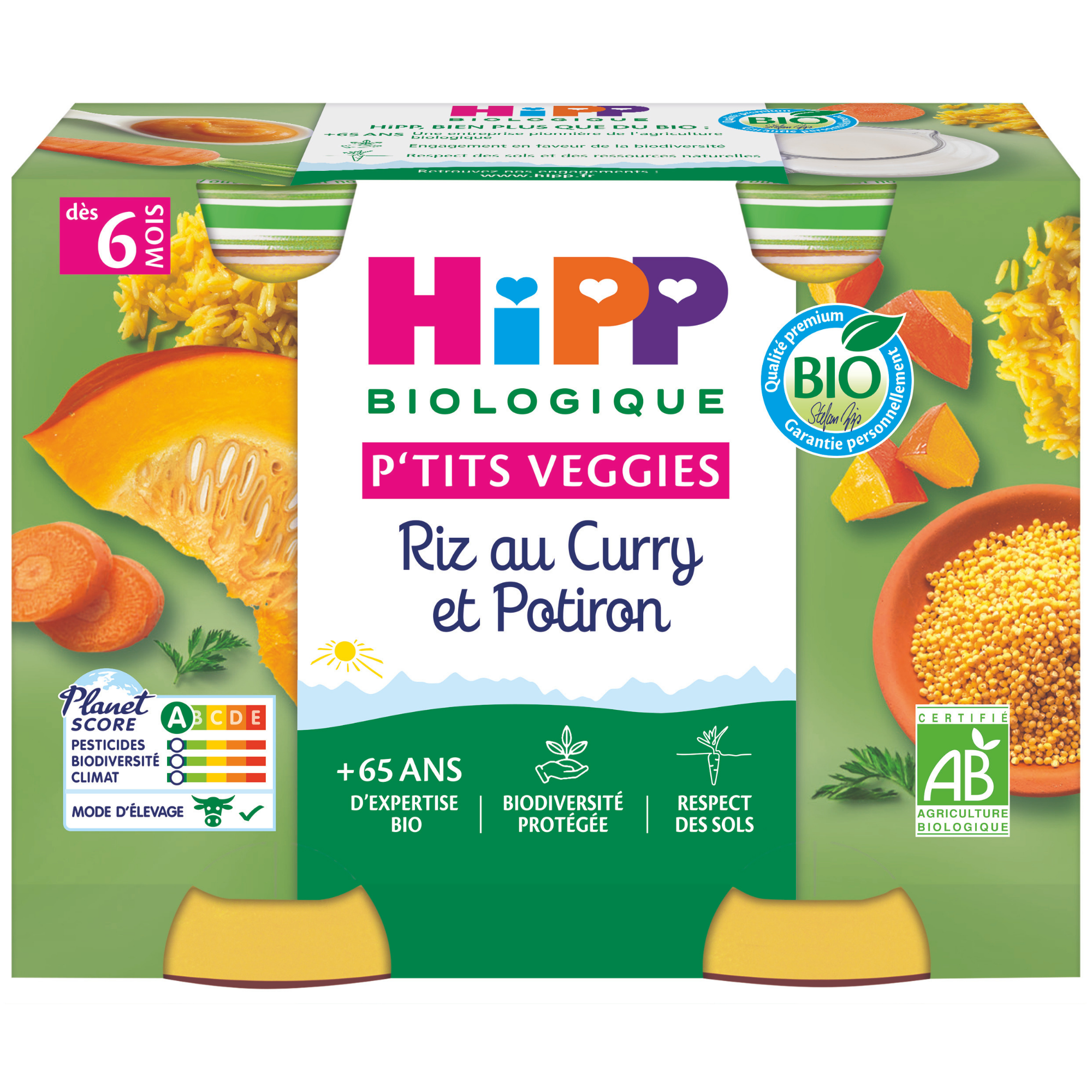 Emballage d'un produit alimentaire portant le titre "P'TITS VEGGIES Riz au Curry et Potiron", indiquant qu'il s'agit d'un produit pour bébés, en particulier un mélange de riz, de curry et de potiron.