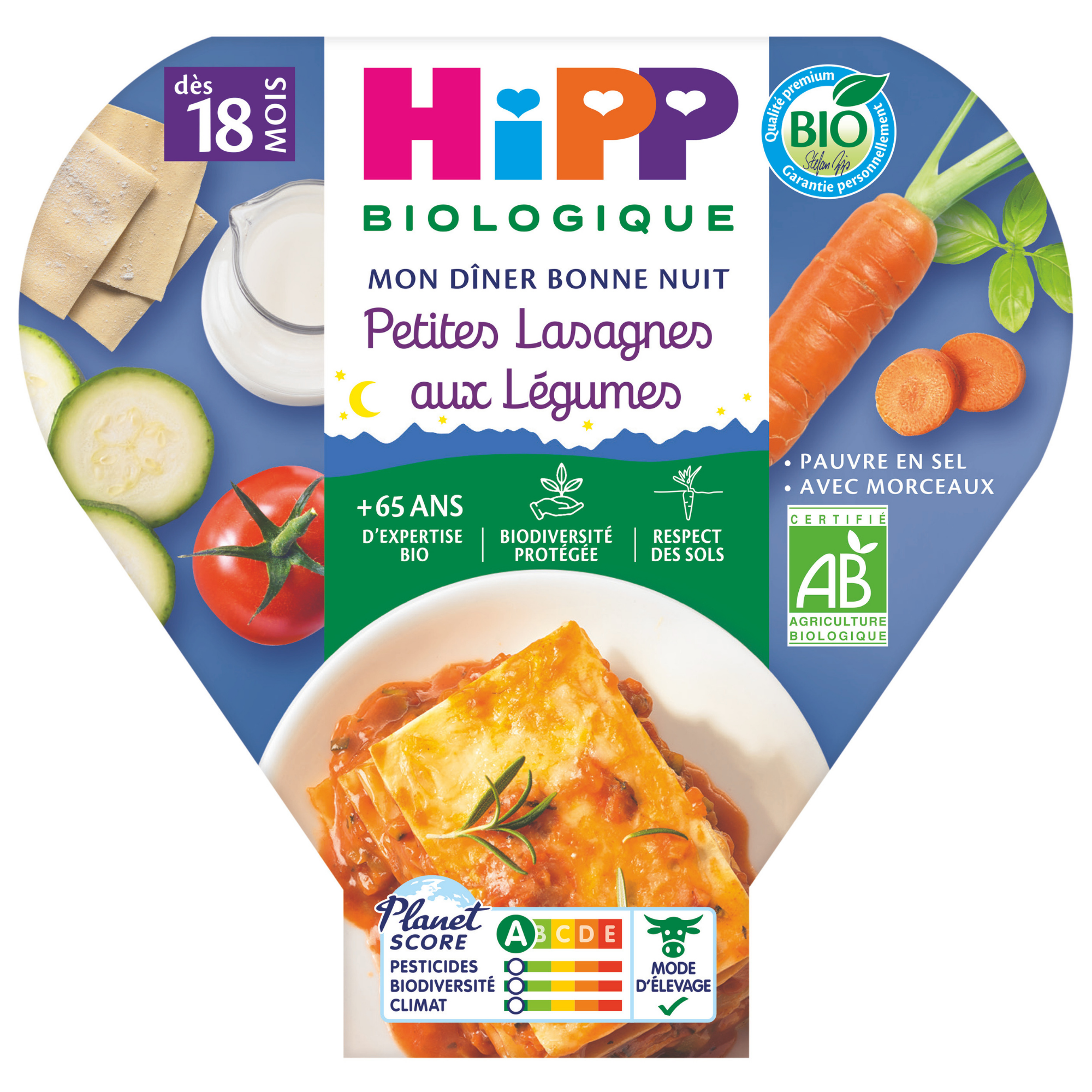 Un produit alimentaire emballé qui met l'accent sur les ingrédients biologiques et qui présente un plat de lasagnes avec des légumes, une analyse nutritionnelle et une note Planète.