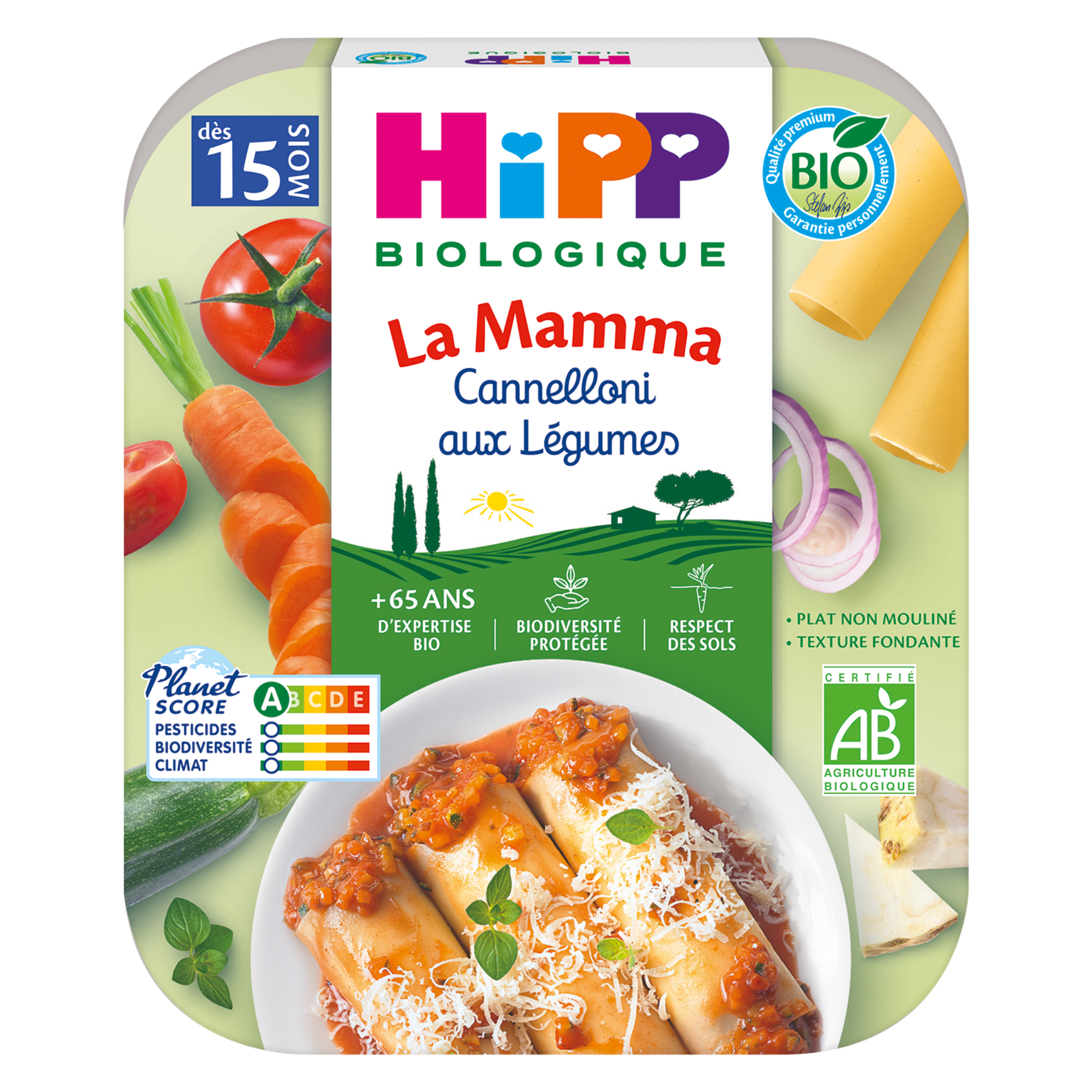 Un produit alimentaire emballé appelé "La Mamma Cannelloni aux Legumes", qui est un produit bio pour les adultes de plus de 65 ans, contenant des légumes, et dont le Planet Score est ABCDE.