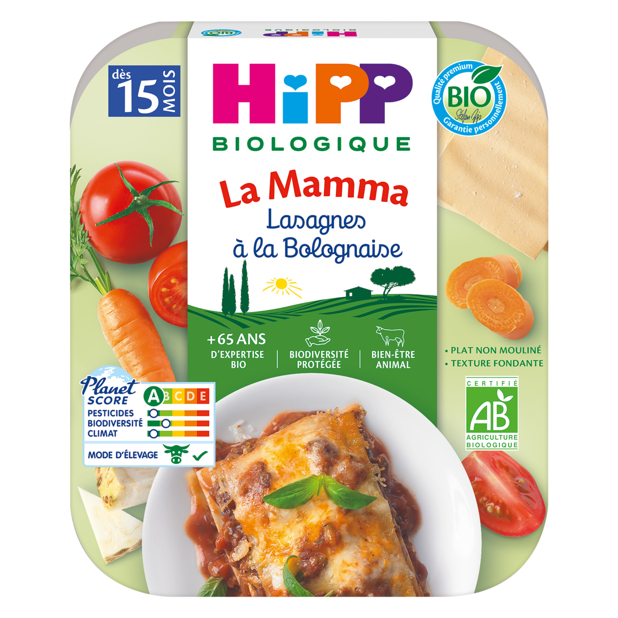 Un produit alimentaire emballé étiqueté "Hipp Biologique La Mamma Lasagnes à la Bolognaise", qui met l'accent sur les attributs biologiques et écologiques, y compris une note Planète et une certification d'AB Agriculture Biologique.