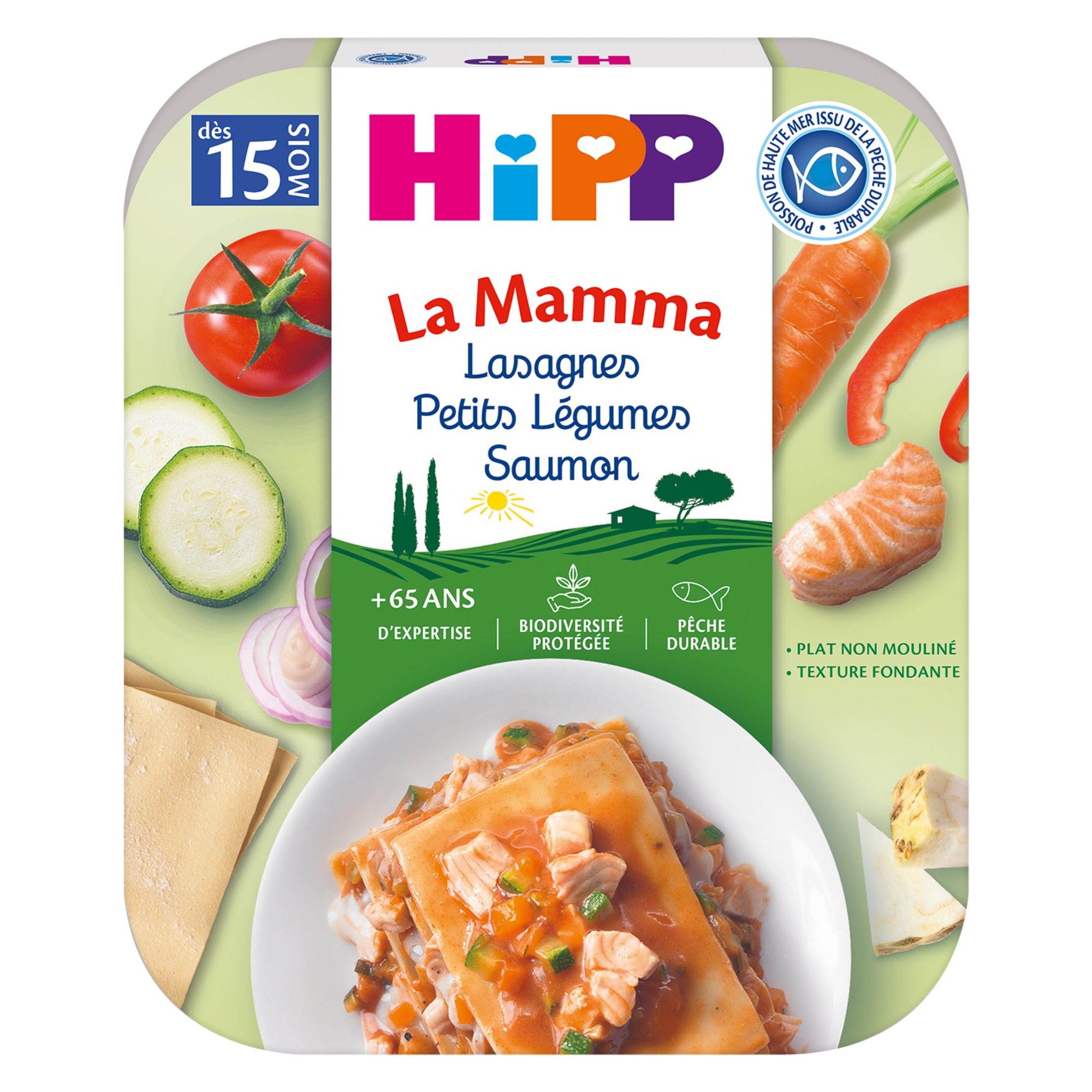 Un produit alimentaire emballé dont l'étiquette porte la mention "HiPP La Mamma Lasagnes Petit Legumes Saumon", indiquant qu'il s'agit de lasagnes aux petits légumes et au saumon.