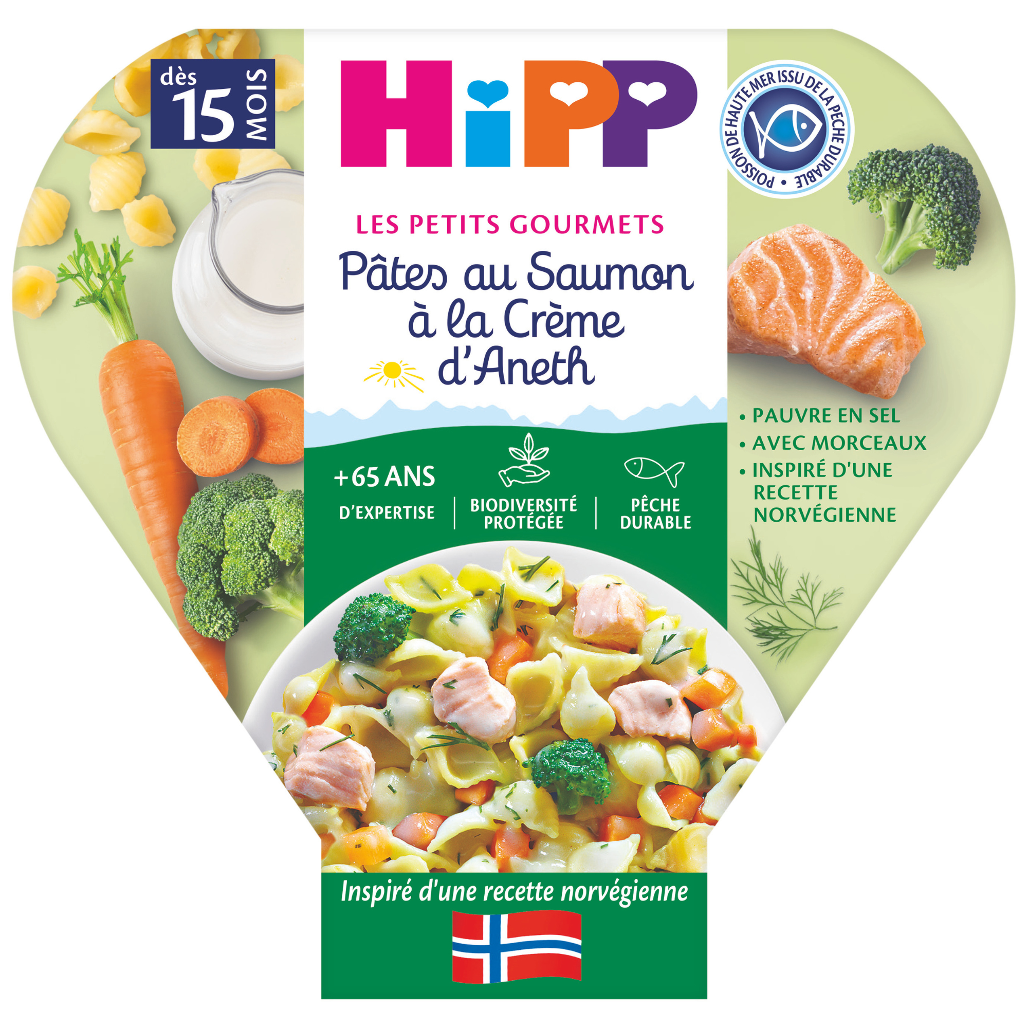 Un produit alimentaire emballé qui met l'accent sur un plat de saumon, avec une variété d'ingrédients et des informations nutritionnelles.