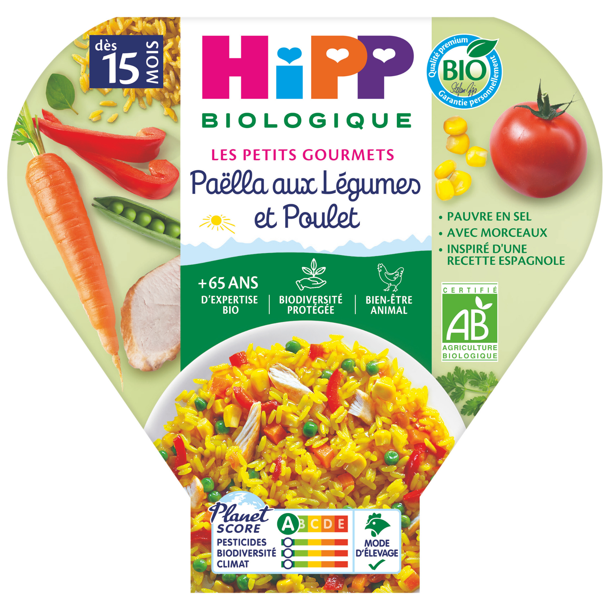 Un produit alimentaire emballé avec une étiquette portant la mention "Hipp Biologique", un plat de paella coloré et divers symboles indiquant des attributs biologiques et écologiques.
