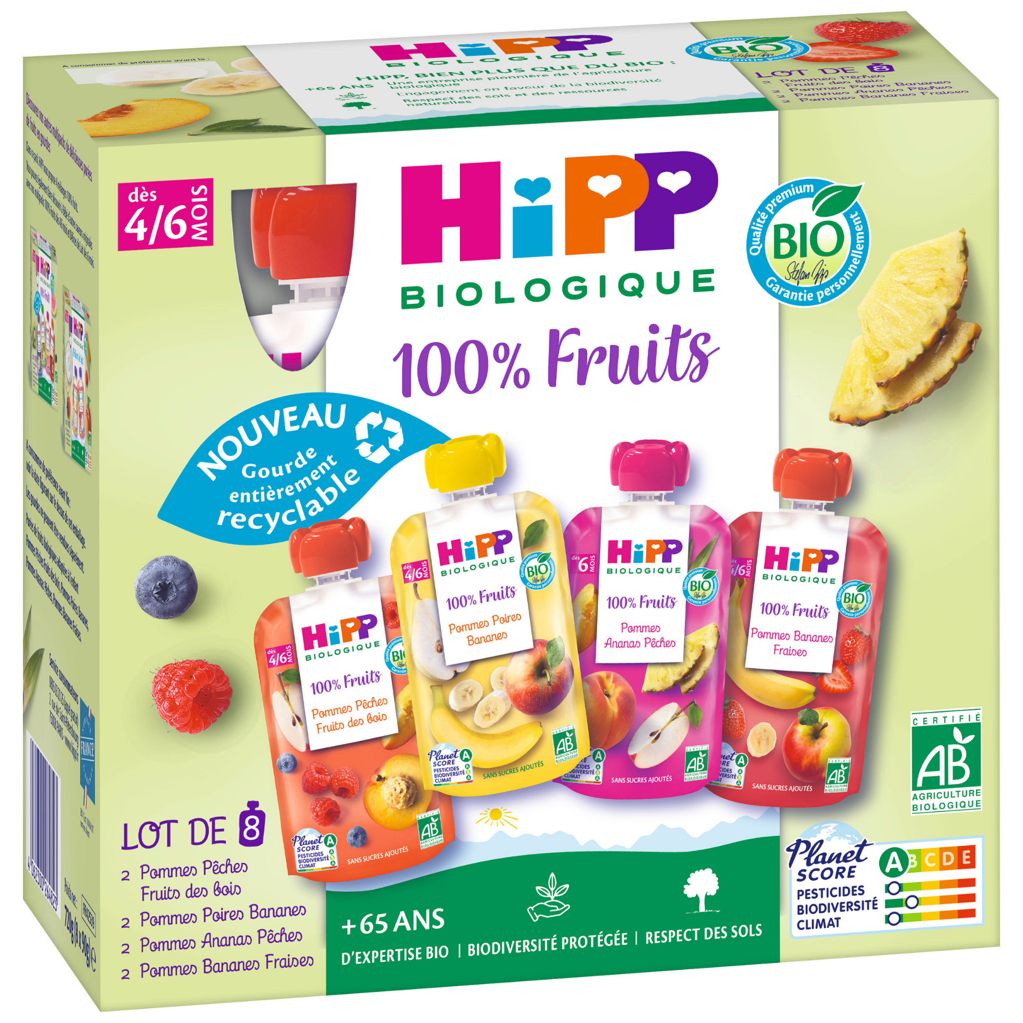 Emballage de huit sachets de purée de fruits de la marque "HiPP", mettant l'accent sur les caractéristiques biologiques et recyclables.