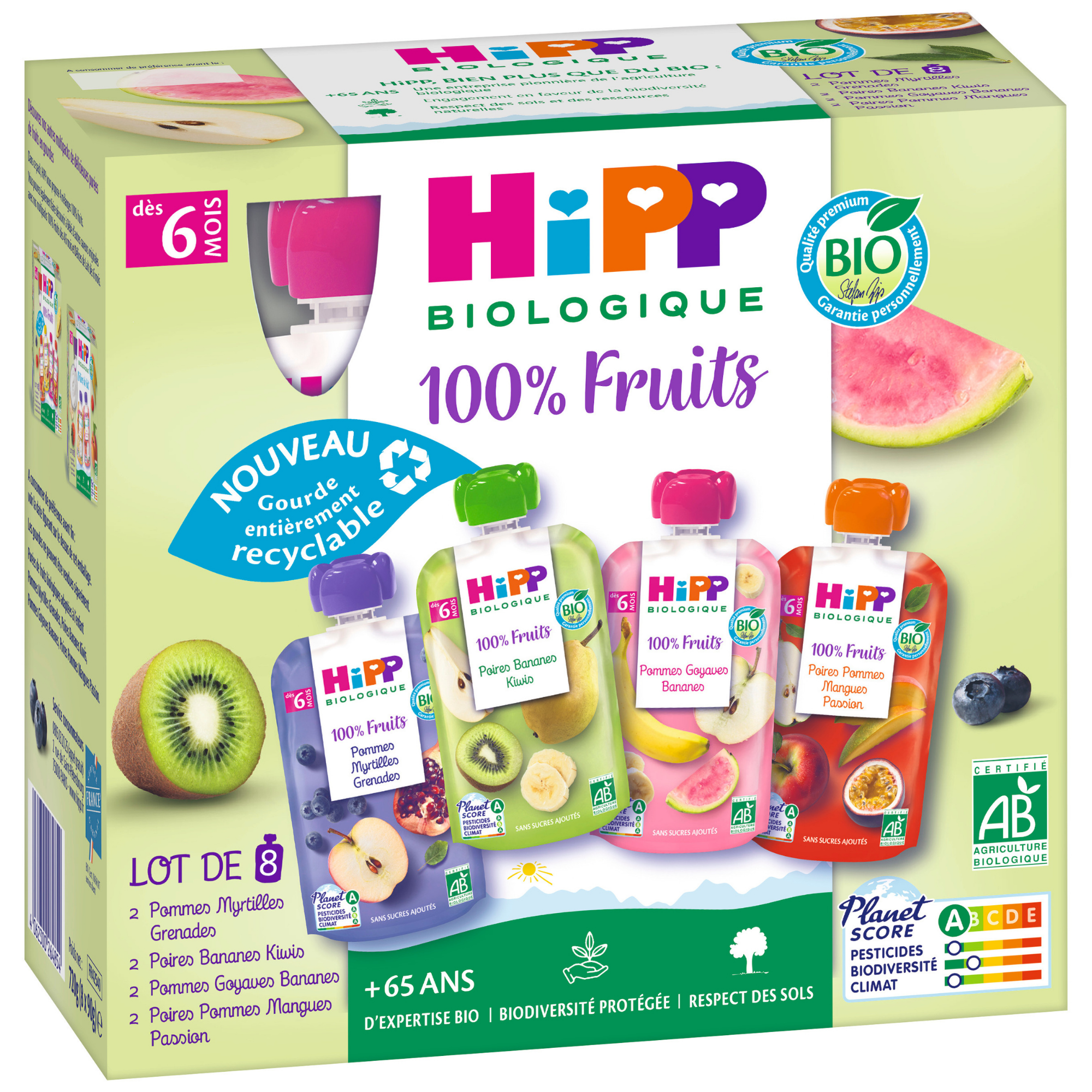 Un emballage d'aliments biologiques pour bébés HiPP, en particulier des variétés 100 % fruits, avec un total de huit sachets de 100 g, et la boîte est conçue pour être recyclable.