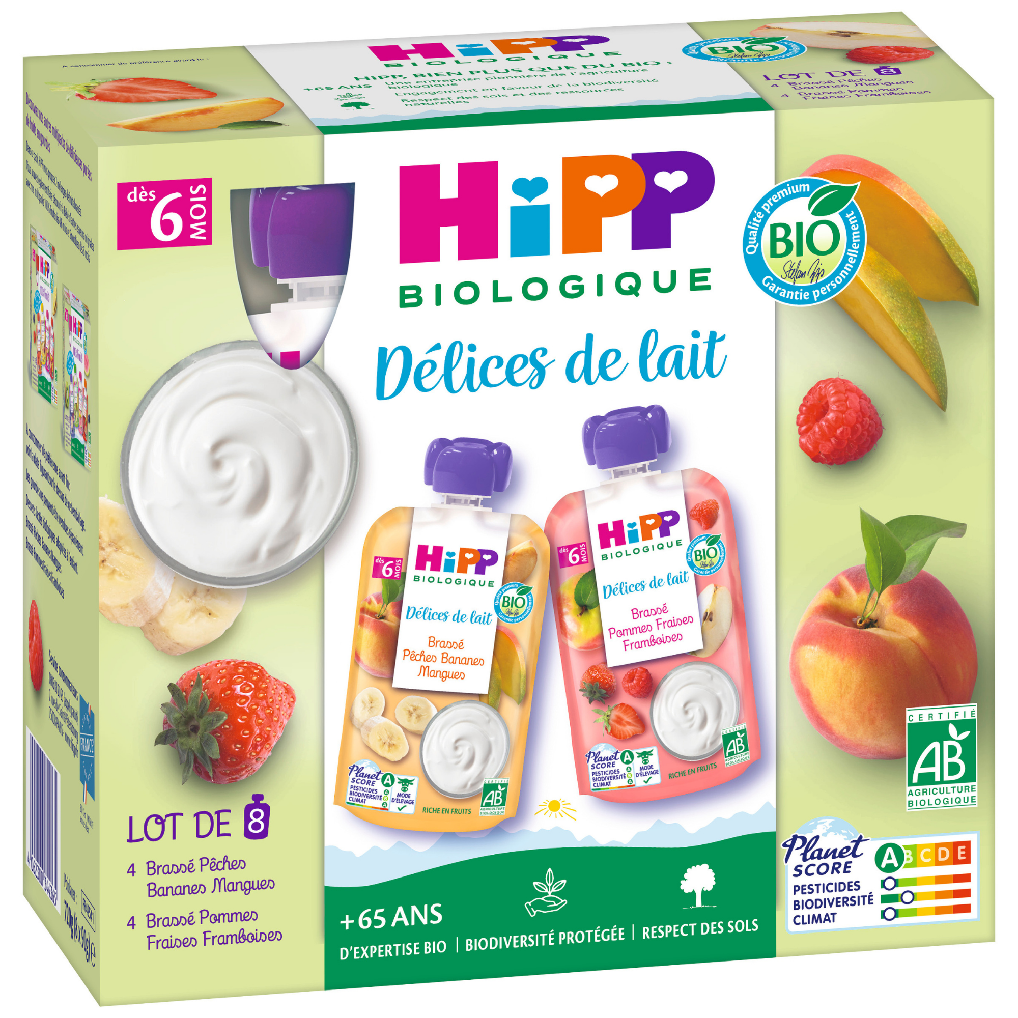 Emballage de produits alimentaires pour bébés de la marque "HiPP", avec une variété d'arômes de fruits, et l'emballage met l'accent sur les attributs biologiques et de bio-diversité.