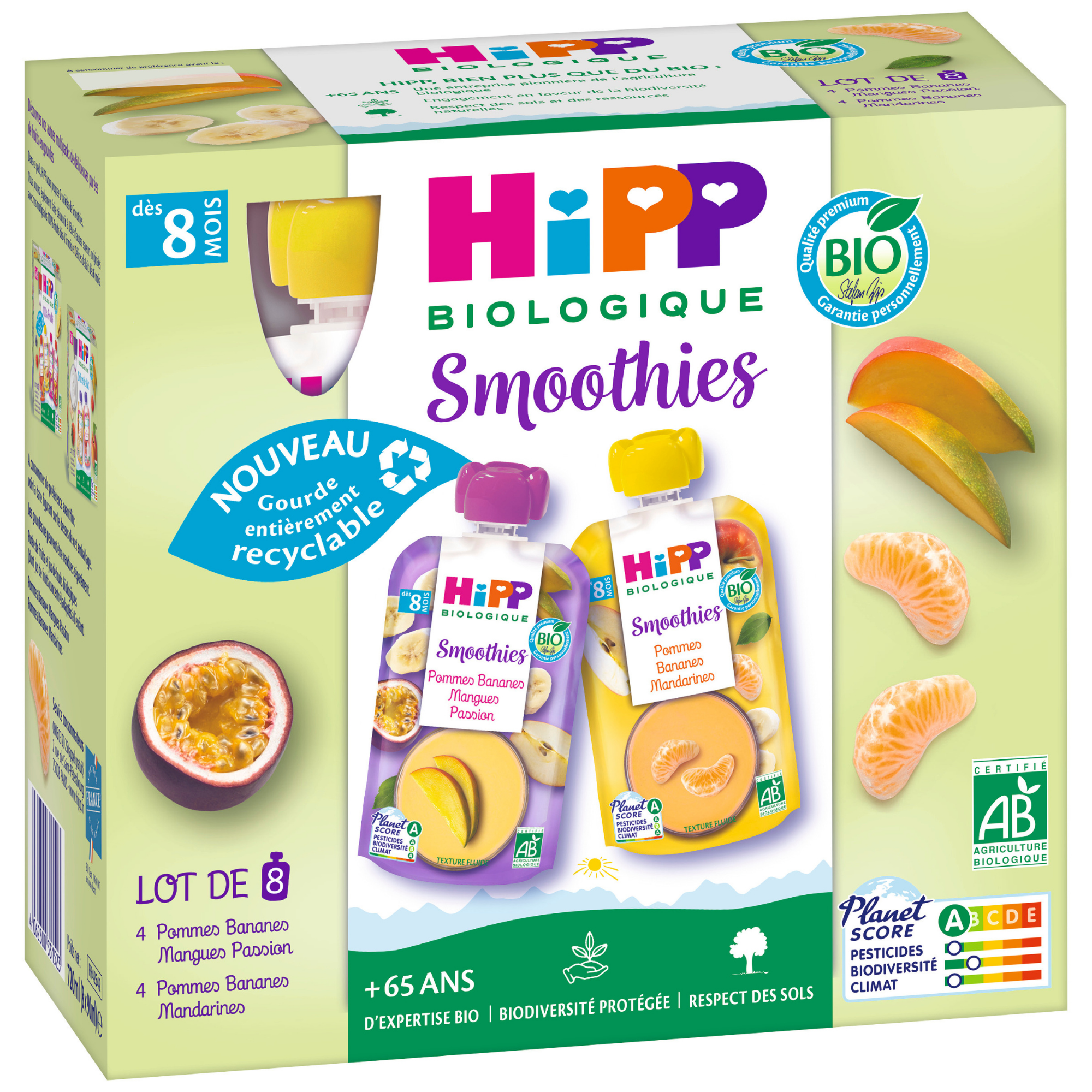Un emballage de huit sachets d'aliments pour bébés étiquetés "HiPP Biologique Smoothies", avec deux saveurs distinctes représentées : "Pomme Banane Mangue Passion" et "Pomme Banane Mandarine".